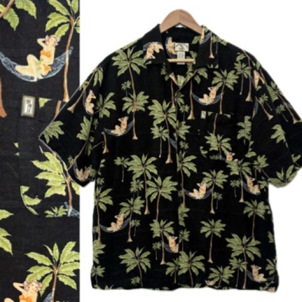 Original Island Sport Mens Hula Girl Hawaiian Print Short Sleeve Button Shirt M
